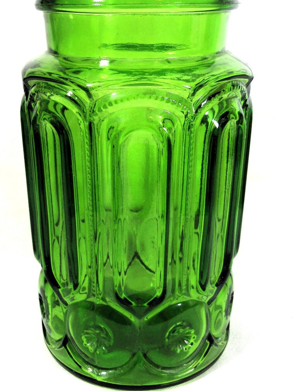 L.E. SMITH EMERALD GLASS JAR,PLANTER, LAMP BASE, KITCHEN SPOON CROC MOON STARS
